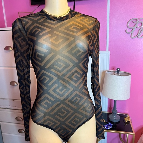 Haute Monde Tops - Black and Brown Geometric Long Sleeve Bodysuit